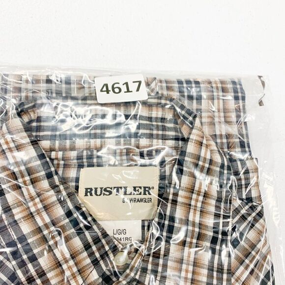 Rustler Wrangler Shirt Mens Large Tan Black Plaid Western Cowboy Pearl Snap Farm - Picture 12 of 12